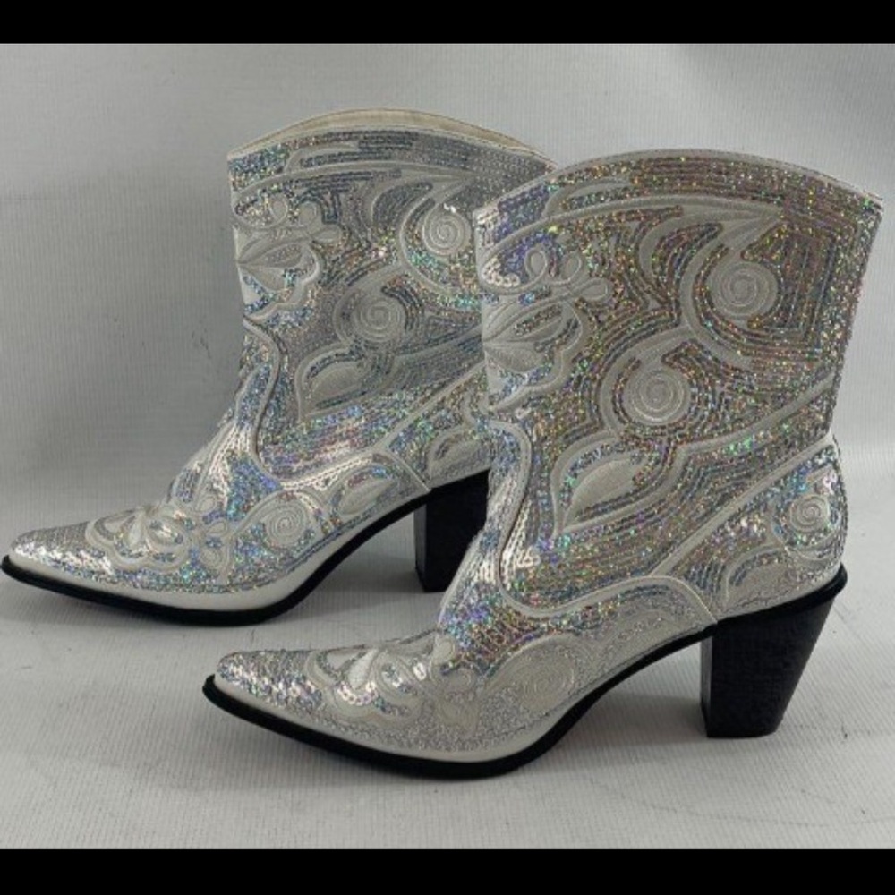 Helen’s Heart Silver Iridescent Sequin Western Ankle Bridal/Wedding Boots